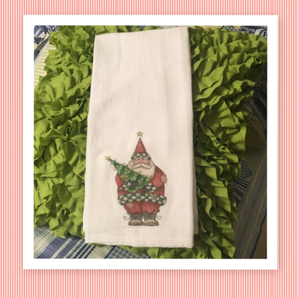 SANTA WITH TREE Decorative Flour Sack Tea Dish Towel Kitchen Porch Patio Decor Gift Christmas Holiday Decor Handmade Chef Gift Housewarming Gift Wedding Gift - JAMsCraftCloset