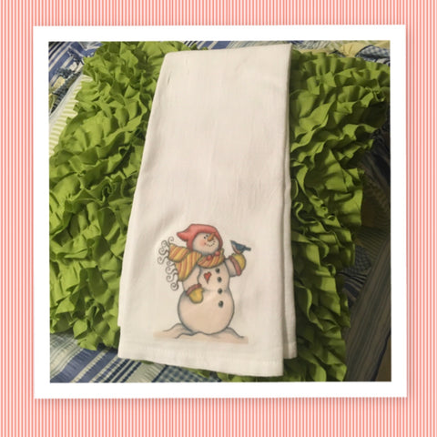SNOWMAN RED HAT BIRD Decorative Flour Sack Tea Dish Towel Holiday Kitchen Decor - JAMsCraftCloset