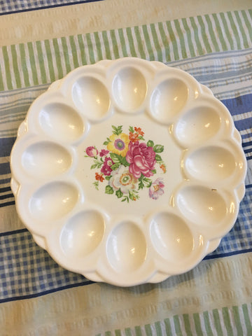 E & R American Artware Deviled Egg Plate Platter Floral 1930's Flowers Ceramic Vintage Serving Kitchen Decor Collectible - JAMsCraftCloset