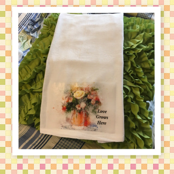 LOVE GROWS HERE Decorative Flour Sack Tea Dish Towel Kitchen Decor Positive Saying Gift Idea Handmade Chef Gift Housewarming Gift Wedding Gift - JAMsCraftCloset