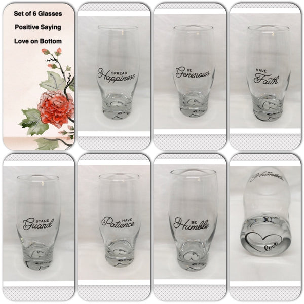Drinking Glasses Vintage Clear Glass Positive Sayings Hand Painted SET of 6 Barware Drinkware Kitchen Decor Gift Idea LOVE on the Bottom of each Glass - JAMsCraftCloset