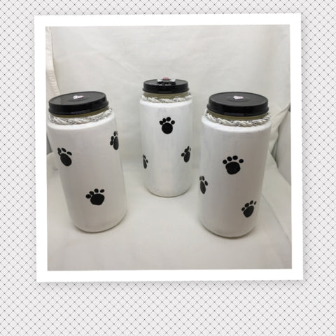Bottles Jars PET TREATS White With Hand Painted Paw Prints Home Decor Gift Idea Heart on Lid - JAMsCraftCloset
