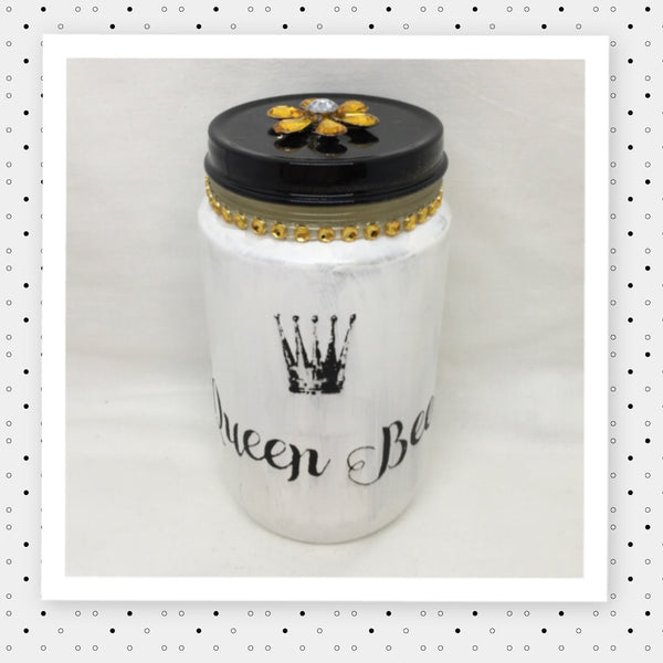 QUEEN BEE Bottle Jar Hand Painted White With Yellow Bling and Flower Home Decor Storage Kitchen Home Decor Candy Jar Gift Idea - JAMsCraftCloset