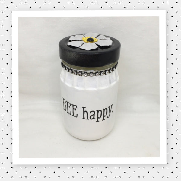 BEE HAPPY Bottle Jar Hand Painted White With Black White Bling and Flower Home Decor Storage Kitchen Home Decor Candy Jar Gift Idea - JAMsCraftCloset