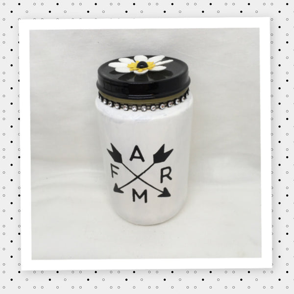 FARM ARROWS Bottle Jar Hand Painted White With Black White Bling and Flower Home Decor Gift Kitchen Home Decor Candy Jar Gift Idea -  JAMsCraftCloset
