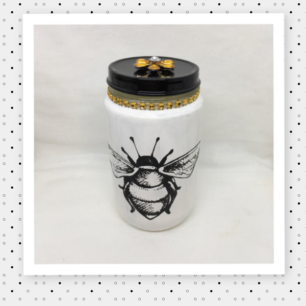 Bottles Jars HONEY BUMBLE BEE Hand Painted White With Yellow Bling and Flower Home Decor Gift Kitchen Home Decor Candy Jar Gift Idea - JAMsCraftCloset
