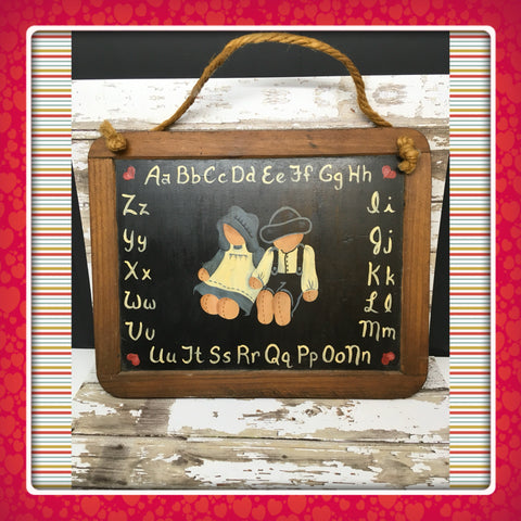 Chalkboard Country Primitive Folk Art Decorative Slate With Amish Girl Boy ABCs - JAMsCraftCloset