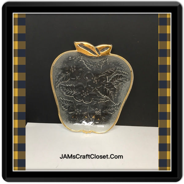 Apple Candy Dish Clear Glass Trimmed in Gold Embossed Floral Design Vintage Paper Teacher Gift - JAMsCraftCloset