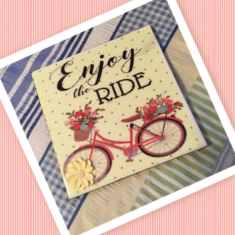 ENJOY THE RIDE  Wall Art Ceramic Tile Sign Vintage Bicycle Gift Idea Home Decor Positive Saying Gift Idea Handmade Sign Country Farmhouse Gift Campers RV Gift Home and Living Wall Hanging Wedding Gift - JAMsCraftCloset