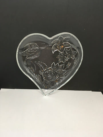 Candy Dish Heart Shaped Vintage Embossed Trinket Plate Dish Hummingbird and Flowers - JAMsCraftCloset