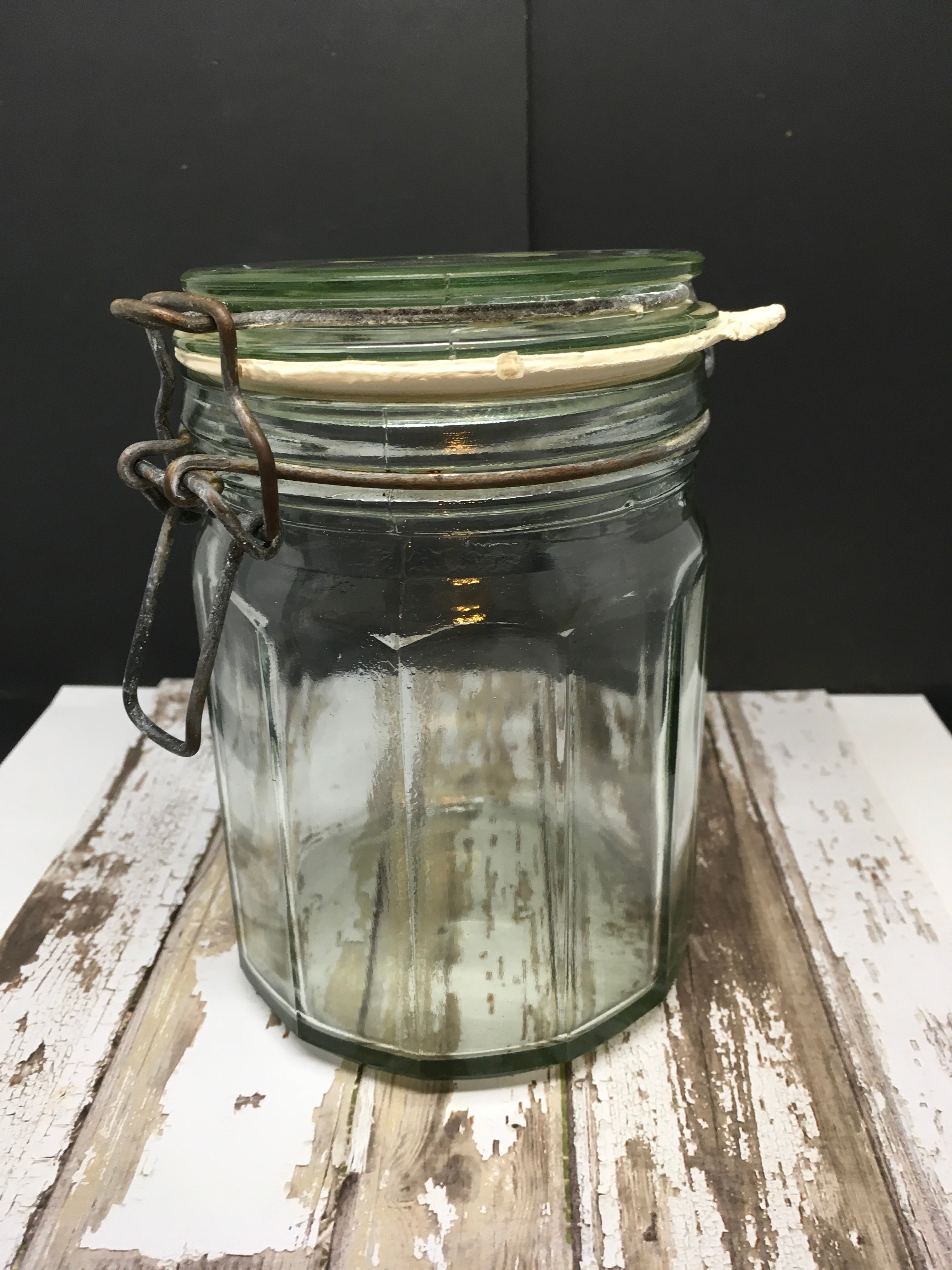 Canister Flip Top Green Glass Jar Vintage 6 In Tall Storage White