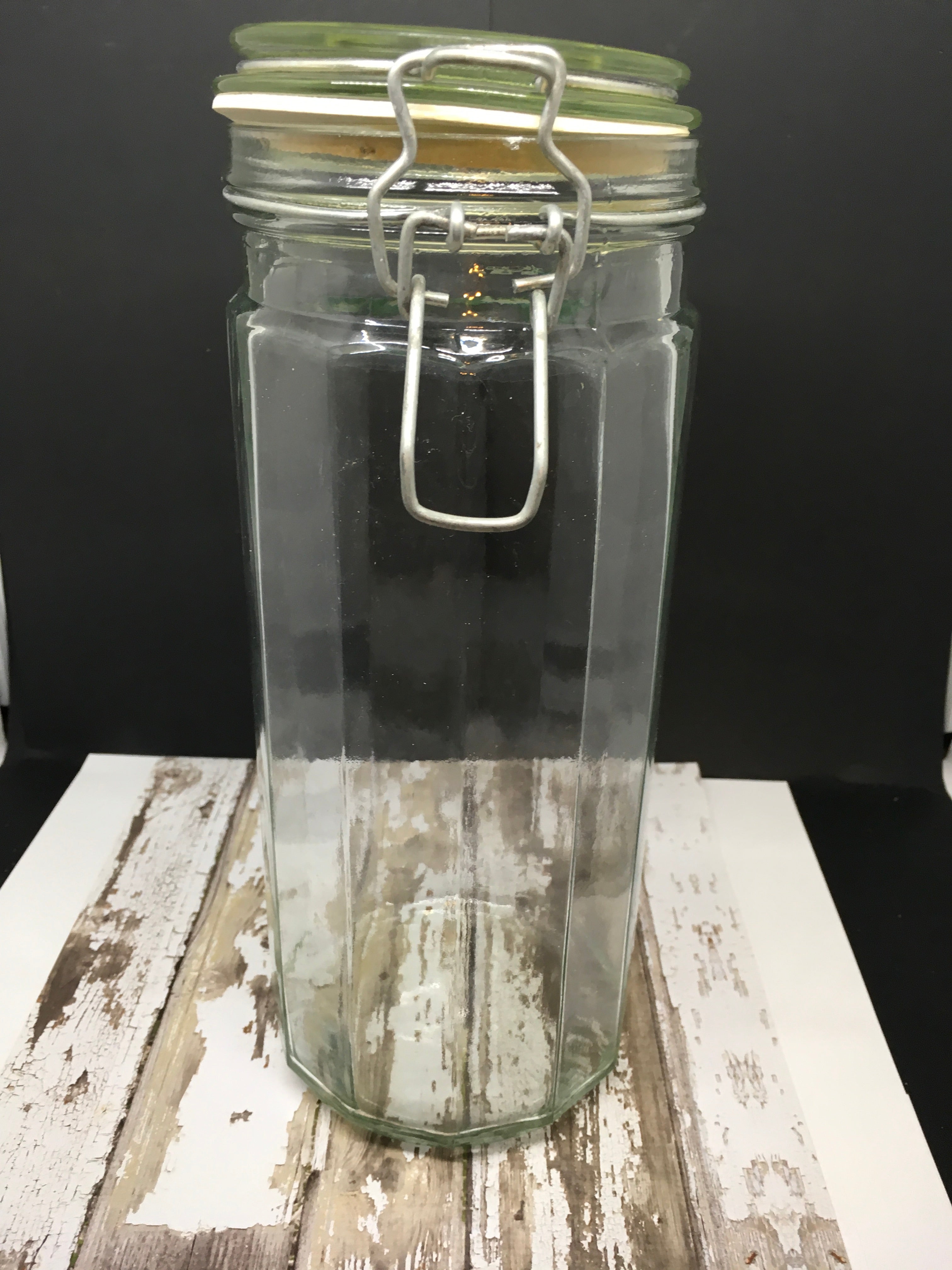 Canister Flip Top Green Glass Jar Vintage 10 In Tall Storage White