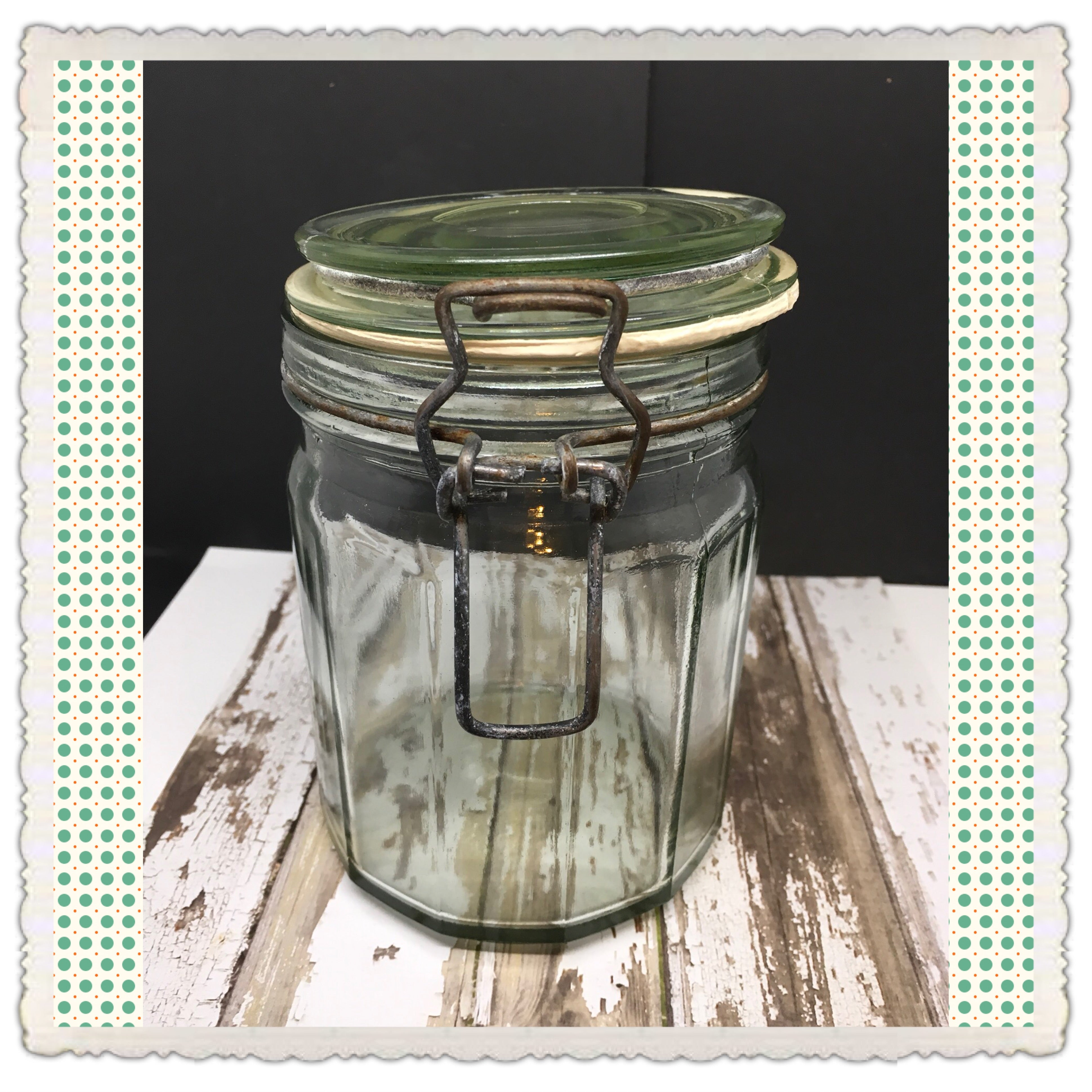 Canister Flip Top Green Glass Jar Vintage 6 In Tall Storage White
