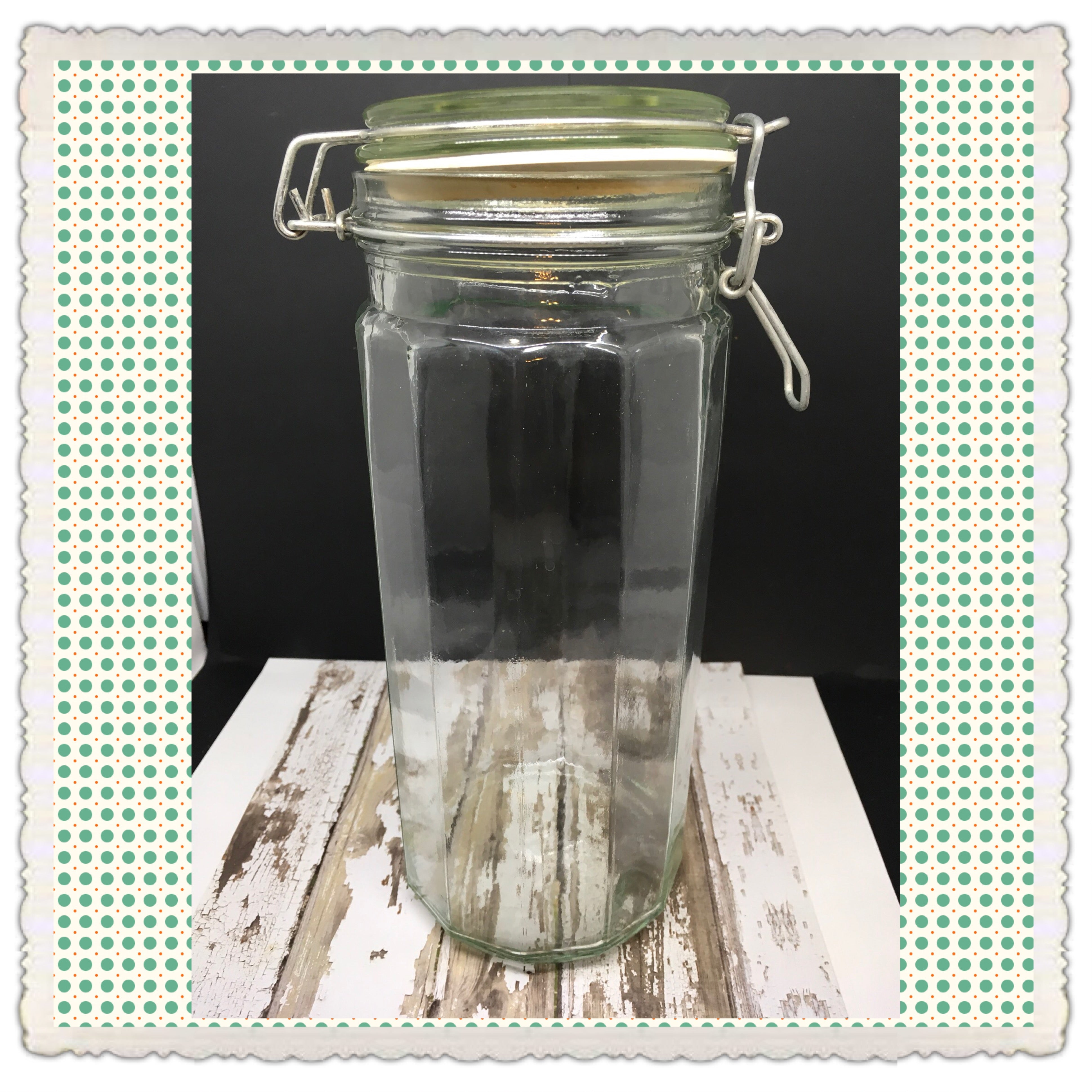 Canister Flip Top Green Glass Jar Vintage 10 In Tall Storage White