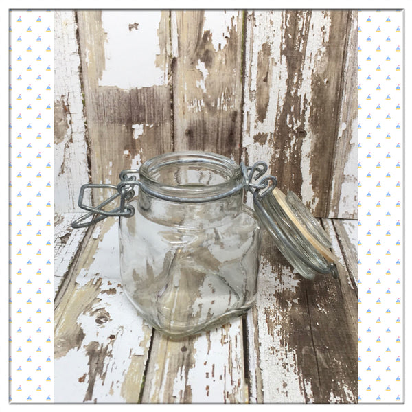 Flip Top Glass Jar TINY Vintage 3 Inches Tall Wire Holder With Rubber Seal Gift Kitchen Decor Great Gift Idea Collectible