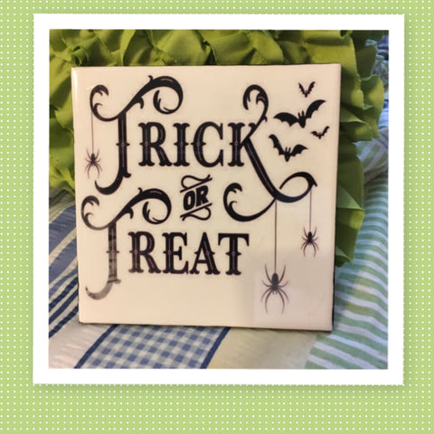 TRICK OR TREAT BATS SPIDERS Wall Art Ceramic Tile Sign Gift Home Decor Halloween Decor Gift Idea Handmade Sign Country Farmhouse Gift Campers RV Gift Home and Living Wall Hanging - JAMsCraftCloset