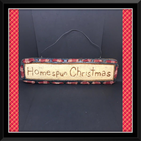 Plaque Sign HOMESPUN CHRISTMAS Hand Painted With Red Plaid Ribbon Polyresin Gift Idea