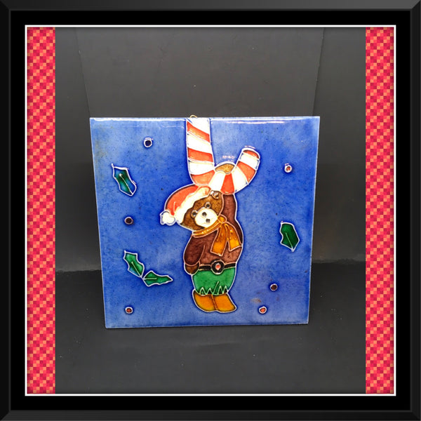 Wall Art Embossed Christmas Teddy Bear Hanging from Candycane Ceramic Tile 6 by 6 Inch Shelf Sitter Home Decor Holiday Decor Gift JAMsCraftCloset