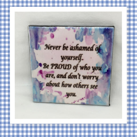 NEVER BE ASHAMED OF YOURSELF Wall Art Ceramic Tile Sign Gift Idea Home Decor Positive Saying Quote Affirmation Handmade Sign Country Farmhouse Gift Campers RV Gift Home and Living Wall Hanging - JAMsCraft Closet