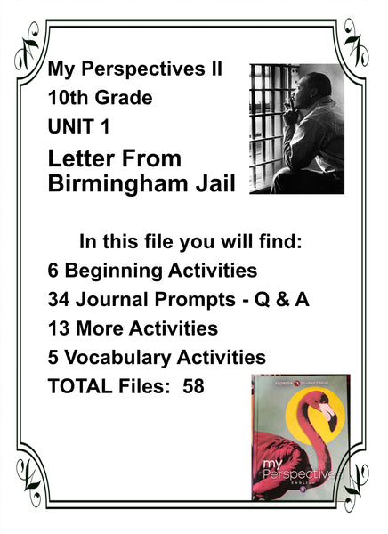 Letter from the Birmingham Jail from My Perspectives English II 10th Grade UNIT 1 Teacher Resource Lesson Activities - JAMsCraftCloset
