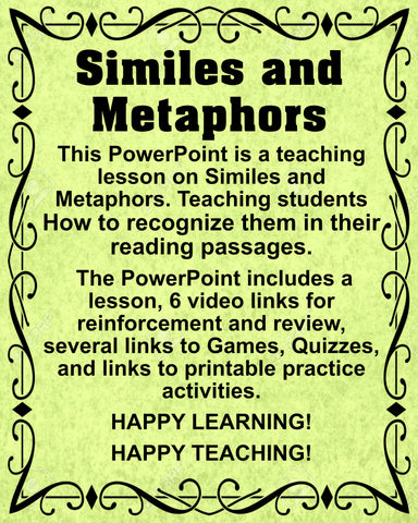 PowerPoint Teacher Resource Lesson for SIMILES and METAPHORS Lesson Videos Printable Activities Happy Teaching - JAMsCraftCloset