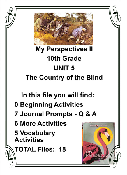 My Perspectives English II 10th Grade UNIT 5 THE COUNTRY OF THE BLIND Teacher Resource Lesson Supplemental Activities {{ JAMsCraftCloset }}