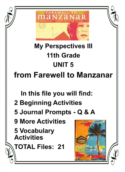 My Perspectives English III 11th Grade UNIT 5 from Farewell to Manzanar Teacher Resource Lesson Supplemental Activities - JAMsCraftCloset