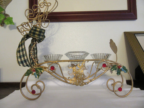 Reindeer 3 Candle Holder Vintage Wire Holiday With Christmas Tree Holly Berries Centerpiece {{ JAMsCraftCloset }}