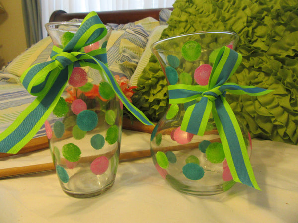 Clear Glass Vase Hand Painted Smaller Happy Dots Hot Pink, Aqua, Lime Green With Aqua Lime Green Bow One of a Kind Unique Home Decor Gift - JAMsCraftCloset