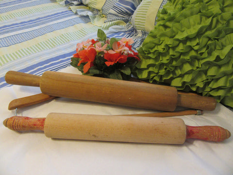 Rolling Pins Vintage Wooden 2 Choices Solid Wood Handmade Handles Attached Red Handled One - JAMsCraftCloset