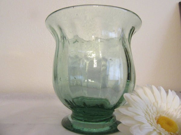 Vase Green Glass Short Flower Vintage Handblown Small - JAMsCraftCloset