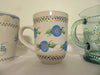 Mugs Cups Coffee Blues Hand Painted  Off White Blue Gold White HAPPY DOT Flowers Green Glass Aqua Dot Flowers - JAMsCraftCloset