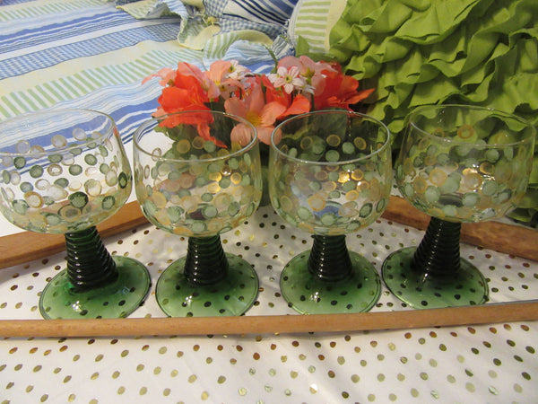 TINY Wine Glasses Hand Painted Green Stemmed Green Gold HAPPY DOTS  Set of 4 - JAMsCraftCloset