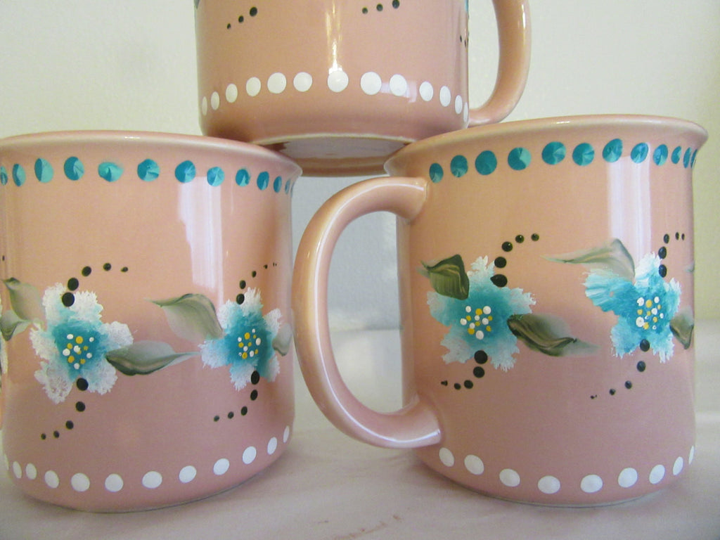 Mugs Cups BUY 2 GET 1 FREE Hand Painted Peach Set of Two Turquoise Whi ...