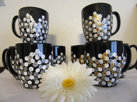Cups Mugs Coffee Hand Painted Black With White, Silver, Gold HAPPY DOTS Set of 4 - JAMsCraftCloset