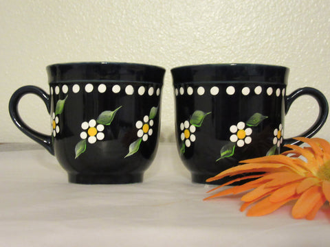 Cups Mugs Coffee Hand Painted Black Mug Tan Inside White Daisy Dot Flowers SET of 2 - JAMsCraftCloset