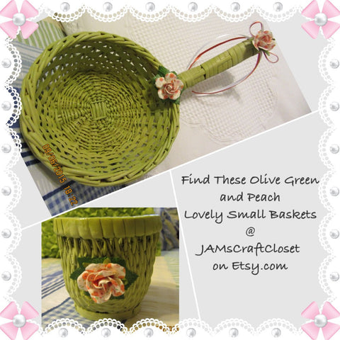 Basket Wicker Hanging SMALL Cup Like Basket Olive Green Orange White Flower Bow Accents Set of 2 - JAMsCraftCloset