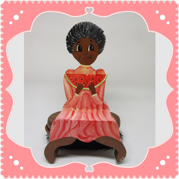 Shelf Sitter Girl With Watermelon Black Americana Wooden Handmade Hand Painted - JAMsCraftCloset