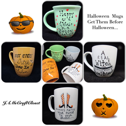 Mugs Cups Halloween Hand Painted  Happy Witch Salem Witch Ghoulfriends Pumps to Broom - JAMsCraftCloset