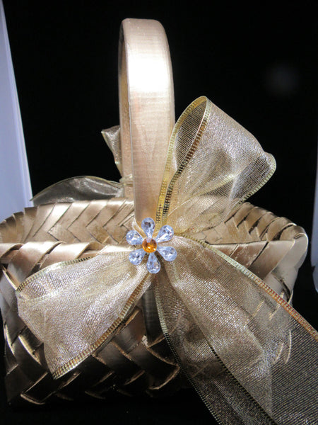 Basket Flower Girl Wedding Table Decor Vintage Gold Rectangle Woven Gold Bow Bling Flower - JAMsCraftCloset