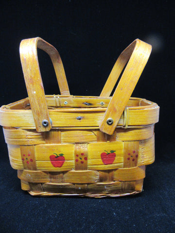 Basket Two Handles Small Vintage Rectangle Woven Hand Painted Apples Flowers - JAMsCraftCloset