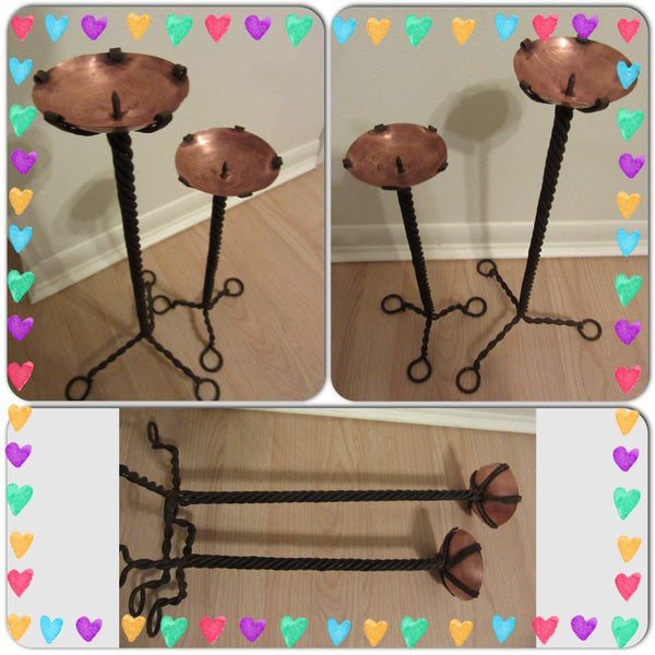 Candle Holders Pair Arts and Crafts 1920s Rustic Wrought Iron Copper Early 20th Century - JAMsCraftCloset