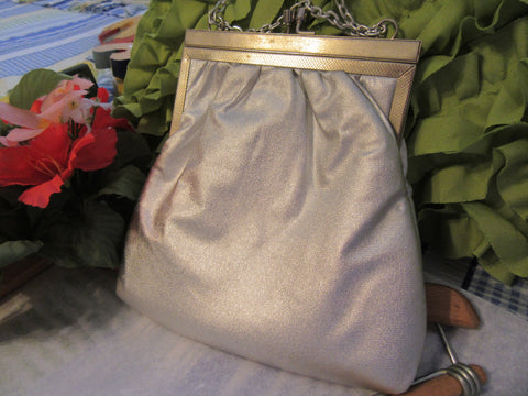 Purse Lame Fabric Evening Vintage Small Silver With Shoulder Chain or Hand Chain Party Purse - JAMsCraftCloset
