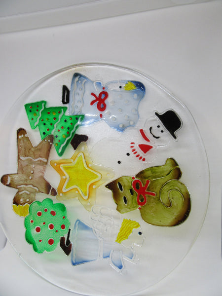 Serving Platter Christmas Hand Painted Round Clear Glass Gingerbread Boy Snowman Tree Angel Cat - JAMsCraftCloset