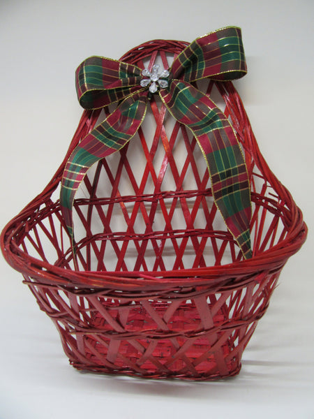 Basket Wall Red Woven Red, Green, Gold Plaid Bow Crystal Flower Accent - JAMsCraftCloset