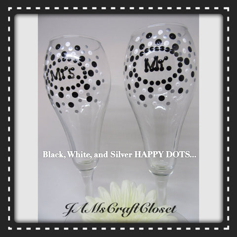MR and MRS Champagne Stemware Glasses Hand Painted SET of 2 Black White Metallic Silver Wedding Toasting Glasses Barware Drinkware One of a Kind - JAMsCraftCloset
