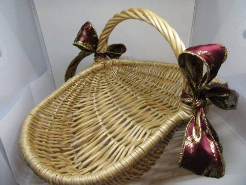 Basket Gathering Vintage Natural Woven With Burgundy and Gold Bows - JAMsCraftCloset