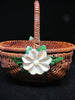 Basket SMALL Vintage Flip Top Natural Woven Peach Floral Accents - JAMsCraftCloset