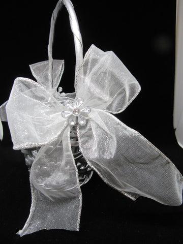 Basket Flower Girl Vintage Wedding Table Decor Round Silver Woven Weave on Handle White Bows - JAMsCraftCloset