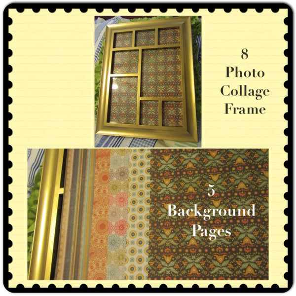 Collage Frame 8 Photo Gold  Wooden Vintage  5 Background Papers Wall Art - JAMsCraftCloset